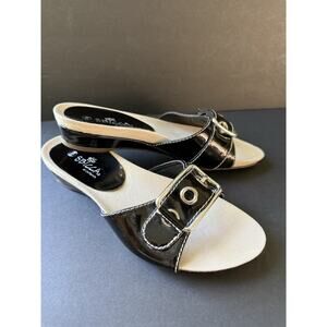 SBICCA Size 7.5 Flat Sandal Slide Black Leather Open Toe Slip On Beachy Casual